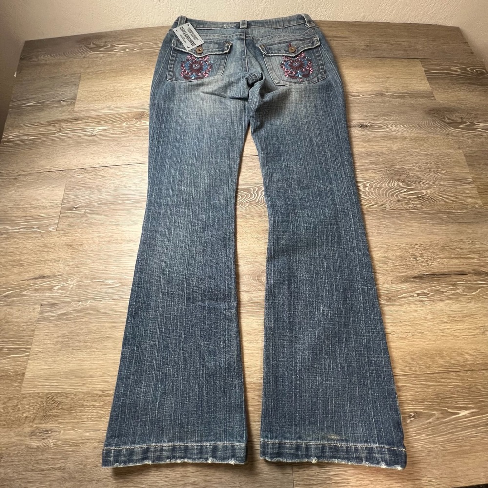 SO Flare Jeans Womens 5 Blue Embroidered Back Pocket Low Rise Y2K Boho Denim